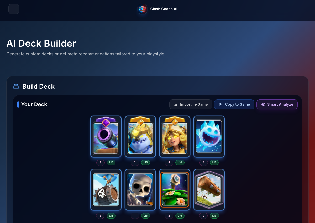 Deck analysis workspace from Clash Coach Ai