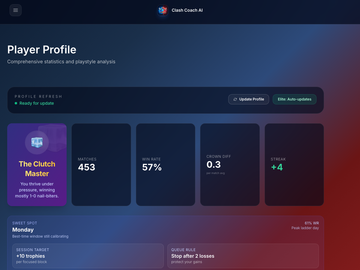 Player profile overview from the live Clash Coach Ai app